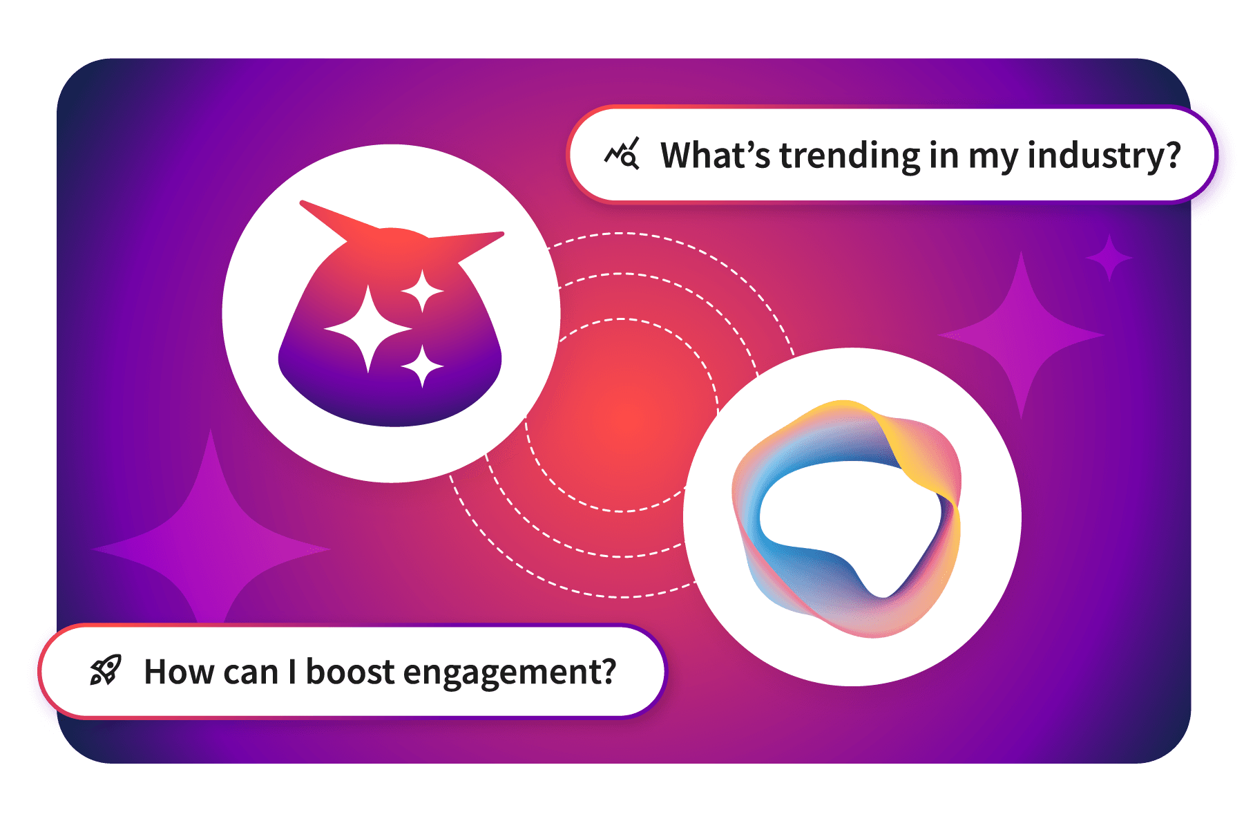 Graphic showing two icons with questions about industry trends and engagement on a purple gradient background